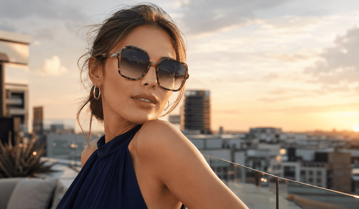 Cómo combinar un vestido azul marino: gafas de sol y complementos para acertar (imagen generada con IA)